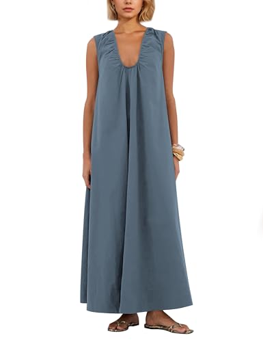 Image of OLAPTA Women Summer Sleeveless Maxi Dress Scoop Neck Ruched Loose Fit Casual Elegant Solid Vacation Long Dress with Pockets
