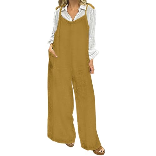 Mis Pedidos Mono Mujer,Algodón y Lino Peto Larga Casuales Color Sólido Sin Mangas Jumpsuit de Una Pieza Casual Pantalones Playsuit Ancho con Bolsillos Cómodo Versátil Ropa Mujer Otoño e Invierno