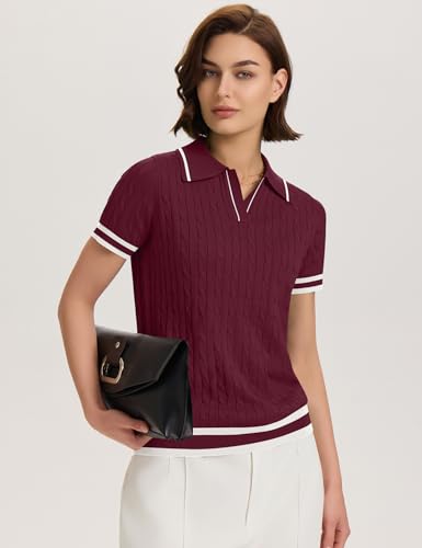 Image of Micoson Womens Short Sleeve Sweater Tops Lapel V Neck Polo Shirts 2026 Summer Cable Knit Loose Blouse Business Casual Outfits