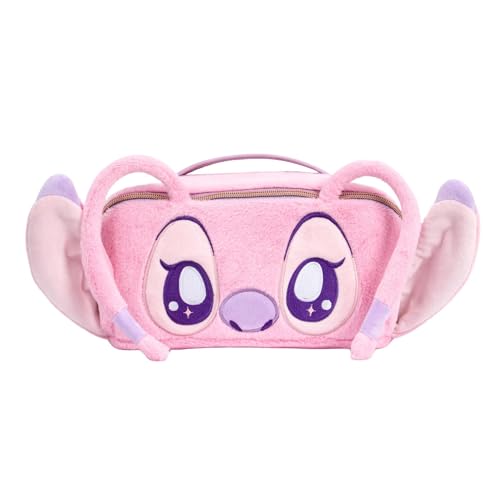 Impressions Vanity Angel Unfold Travel Makeup Bag Organizer, Opens Flat Zippered Cosmetic Bag for Women with Artwork Lined Interior, 3 Inner Pockets, and Faux Leather Top Handle Portable Pouch (Pink)