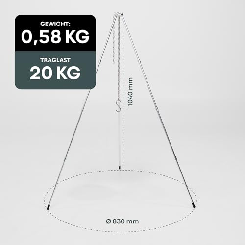 BOXIO - TRIPOD: Leichtes Camping Dreibein aus Aluminium mit Haken & Kette | Steckbares Stativ für Outdoor Kochen & Feuerschalen | Kompakt & Werkzeugfrei montierbar hält bis zu 20kg
