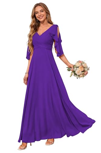 Image of Chiffon Bridesmaid Dresses for Women with Sleeves Long V Neck A Line Ruched Formal Evening Party Gown Purple US0