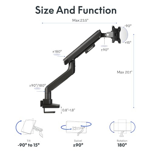 FlexiSpot Single Monitor Arm, Premium Aluminum Monitor Desk Mount Fits Screen up to 39 Inches, Fully Adjustable Monitor Stand with C-Clamp & Grommet Base, Holds 6.61 to 26.46 lbs, Black - image 9
