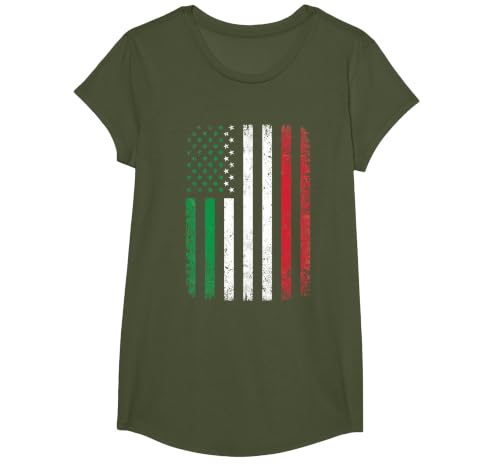 Italy USA Flag 4th of July Patriotic American Italian Flag T-Shirt, Girls, Olive Green, Small