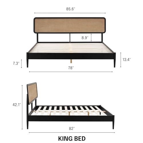 Image of NTC Lupin Wooden Bed Frame with Headboard, Solid Oak and Rubber Wood Foundation with Silent Slats and Wood Central Supports, 1000 Lb Capacity, Effortless Assembly, King - Burnt Black