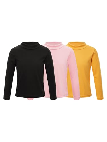 Kaerm Lot de 3 Haut Thermique Col Roulé Garçon Fille Chemise de sous-vêtement Thermique Enfant à Manches Longues Sweat-Shirt Chaud Hiver 2-12 Ans Noir Rose Jaune 3-4 Ans