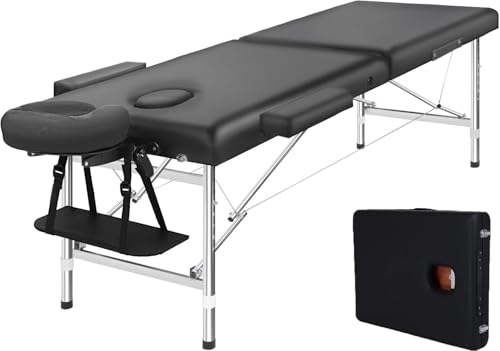 Massage Table Black 60m Portable Aluminium, Massages Therapy Bed, Folding Beauty Spa Waxing Tables Headrest 3 Fold Chair Carry Bag Beds, Black