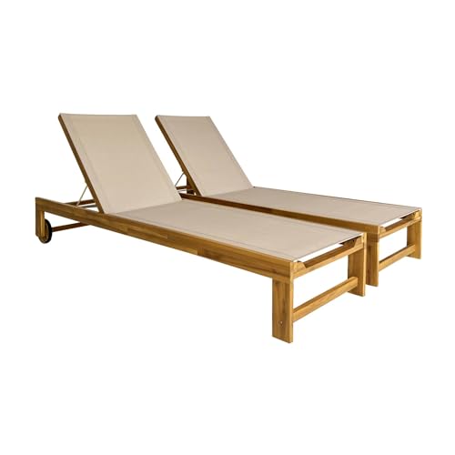 sweeek - Lot de 2 Bains de Soleil en Bois d'acacia et textilène Beige. Multi Positions avec roulettes