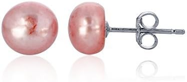 Sterling Silver Hypoallergenic Pink Pearl Stud Earrings Freshwater Cultured Button Pearl Studs For Women or Girls, 8mm-9mm