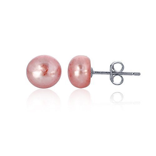 Sterling Silver Hypoallergenic Pink Pearl Stud Earrings Freshwater Cultured Button Pearl Studs For Women Or Girls, 8Mm-9Mm #TOP2