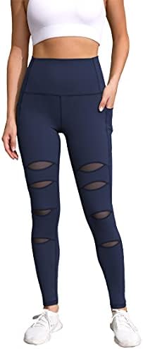 H HIAMIGOS Women's High Waist Leggings with Phone Pocket Ripped Style Yoga Pants Tummy Control Workout Fitness Running Skinny Trousers XL Navy Blue