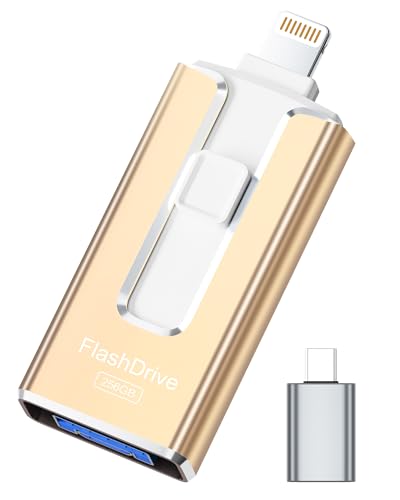 Image of MFi Certified Flash Drive for iPhone iPad 256GB, Photo Stick for External Memory Storage, Easily Back Up and Save Photos Videos, USB Memory Stick Thumb Drive for iPhone /iPad /Android /PC (Gold)