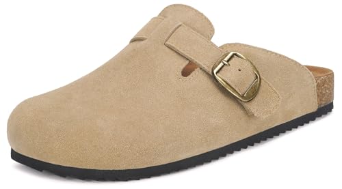 Image of Womens Suede Clogs Mens Genuine Leather Mules Cork Footbed Sandals with Arch Support