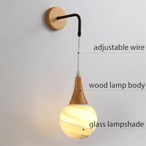 Aplique de pared globo de cristal y madera con cable ajustable para dormitorio 3