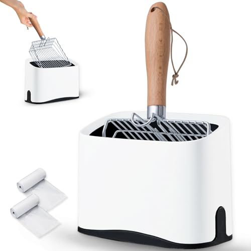 ARMLULU Metal Cat Litter Scoop with Holder, Poop Scooper with Stand&2 Rolls of Garbage Bag, Heavy Duty Stainless Steel Shovel with Wooden, Kitty Quick Sifter for Easy Cleaning, Essential Item for Cat