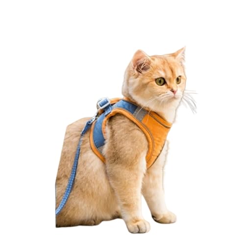 キン・フクロウ ペット用ハーネス&リードセット, 通気性, 夜間反射素材, マジックテープ式, 犬猫用 (オレンジ, S)