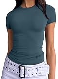 Trendy Queen Womens Basic T Shirts Summer Outfits 2025 Scoop Neck Short Sleeve Crop Tops Slim Fit Tees Y2k Clothing Haze Blue S