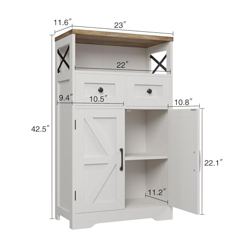 Bonvache Kitchen Storage Cabinet with Doors and 2 Drawers, Farmhouse Small Pantry Cabinet, Wood Rustic Buffet Sideboard Cabinet with Shelf for Living Room, Dining Room, Bathroom, Entryway, White by BonVache - Image 2