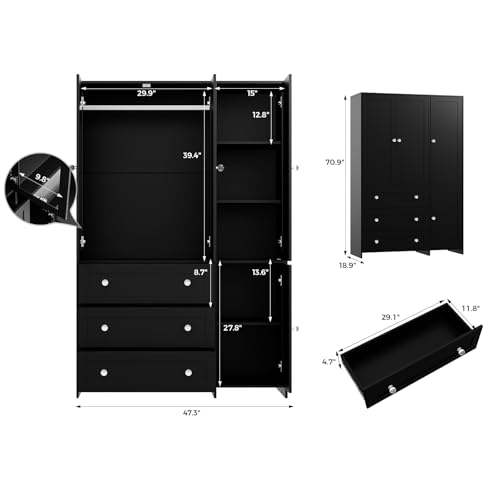 Image of VOWNER Armoire Wardrobe Closet with Drawers and Mirror, 71 inch Clothing Storage Cabinet with Hanging Rod, 4 Doors Wooden Wardrobe Cabinet for Bedroom, Large Capacity Storage