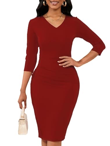 Women's Wear to Work Dress V Neck 3/4 Sleeve Ruched Office Party Wrap Midi  Pencil Dresses - Product Details