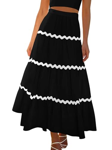 Mascomoda Long Maxi Skirts For Women 2024 Summer Ruffle Tiered Elastic High Waisted Flowy Beach Boho Skirt With Pockets