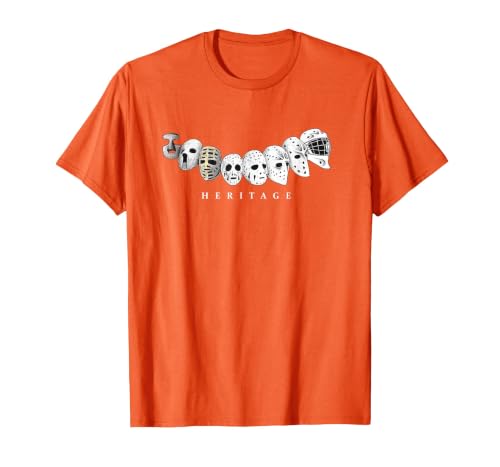 Ice Hockey Goalie Evolution Vintage to Modern Masks T-Shirt, Men, Orange, XX-Large