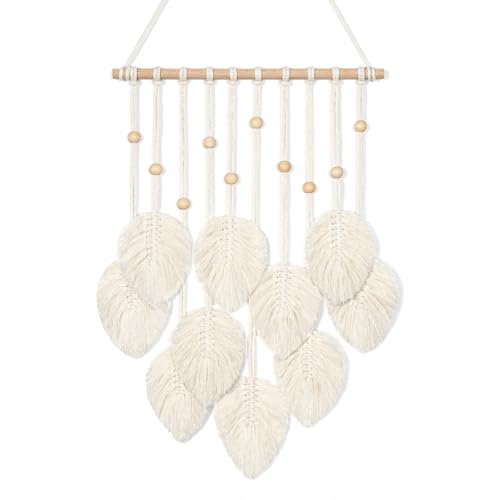 UXORSN Macrame Wall Hanging Beige Leaf Tassel Tapestry Boho Chic Wall Decor Handmade Woven Cotton Rope Tapestry Aesthetic Bohemian Wall Art for Bedroom Living Room Office Apartment Ornament