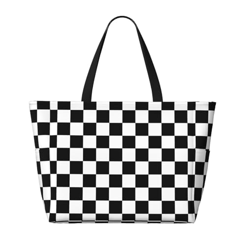Check Black White Checkered Pattern Checkerboard Beach Bag Women Tote Bag Pool Bag With Zipper For Gym Grocery Travel With Wet Pocket2
