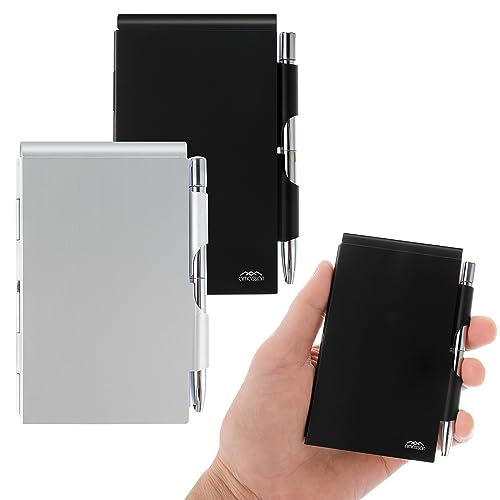 Prasacco 2 Pieces Metal Pocket Notebook with Pen, Small Mini Notebooks with Pens and Paper for Work Portable Aluminum Notepad Journal Notebook with Pen Holder for Office School (Black, Silver)