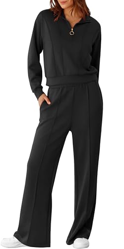 RUBZOOF Lounge Sets for Women 2 Piece Sweatsuits Fall Outfits Half Zip Sweatshirt Wide Leg Sweatpants Matching Clothing Set2