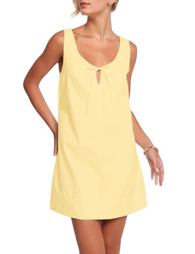OLAPTA Women Sleeveless Summer Mini Tank Dress Tie Up Loose Fit Sundress Scoop Neck Casual Trendy Short Dresses with Pockets
