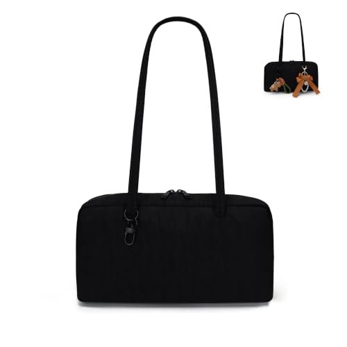 LANALULU Nylon Bowler Bag for Women Slouchy Lightweight crescent bag Casual East-West Shoulder Handbag hobo bag for Travel Work Shopping Black