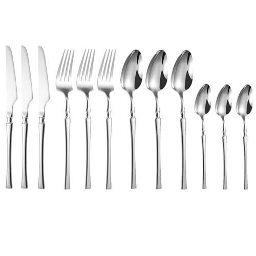 Image of aDai Sterling Silver Silverware Set | Satin Finish 12-Piece Korean Vintage Style Flatware Set | Dishwasher Safe Stainless Steel Cutlery for Home, Restaurant & Gifting