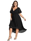 Ever-Pretty Women's V Neck Pleated Plus Size A Line Chiffon Midi Cocktail Dresses with Sleeves Black US18