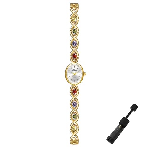 Dacdyi Reloj de pulsera dorado delicado de cristal colorido para mujer, resistente al agua, reloj de pulsera de cuarzo, vintage, esfera ovalada pequeña, Oro
