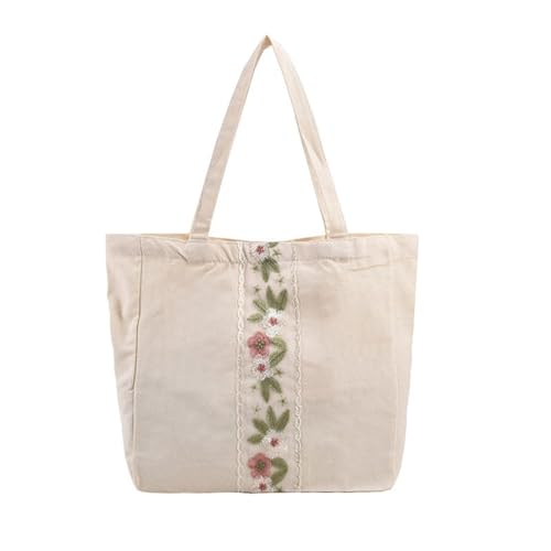 Fashion Women Large Capacity Canvas Bag Embroidery Flower Shoulder Bag Casual Travel Work Shopping Underarm Handbag
