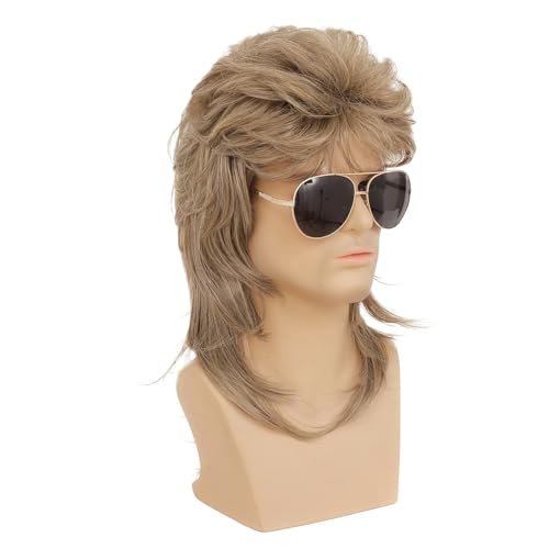 Image of Swiking Mens Mullet Wig Light Brown Retro 70s 80s Disco Rocker Curly Punk Fancy Party Halloween Cosplay Costume Wigs (Light Brown)