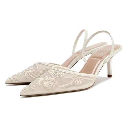 Lymphvity Women's Mesh Embroidered Slingback Heels with Bead Elegant Backless Kitten Heels Pointed Toe Wedding Bridal Dress Pumps Shoes