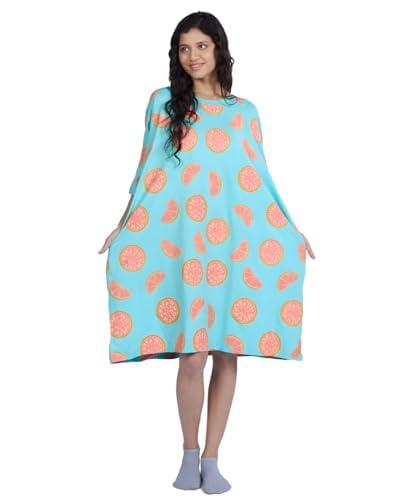 Image of LAMA STORE Women's Printed Oversized T-Shirt Dress, Cotton, 3 /4 Sleeve Length, Casual Loose Fit, Comfort Wear Extra Comfy Oversized Printed Pocket T-Shirt Dress