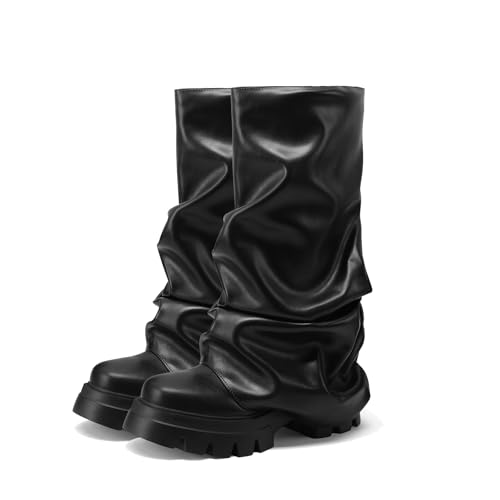 Vertundy Womens Metallic Mid Calf Boots - Fold Over Flatform Booties Wide Calf Slouchy Pull On Fashion Dress Short Boots Ladies