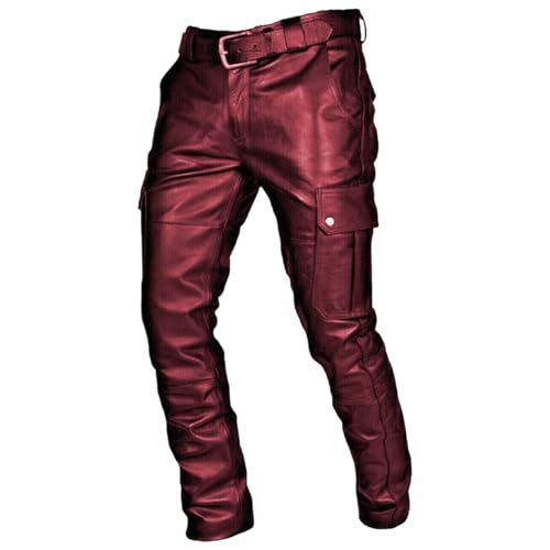Pantalon cargo en cuir synthétique uni pour homme au style décontracté