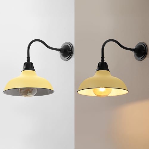 Image of JONATHAN Y 12.25 inch Matte Yellow /Black 1-Light Farmhouse Industrial Outdoor Sconce, LED Gooseneck Wall Light for Porch, Metal Bowl Shade, Dimmable Vintage Exterior Fixture, LED Bulb Included (JYL7613H)
