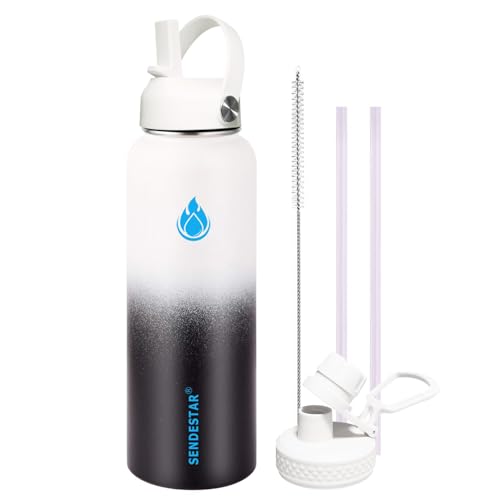 Image of SENDESTAR Water Bottle 32oz Double Wall Vacuum Insulated Leak Proof Stainless Steel Sports Water Bottle-Wide Mouth with New Flex Straw Lid & Spout Lid (Day&Night)