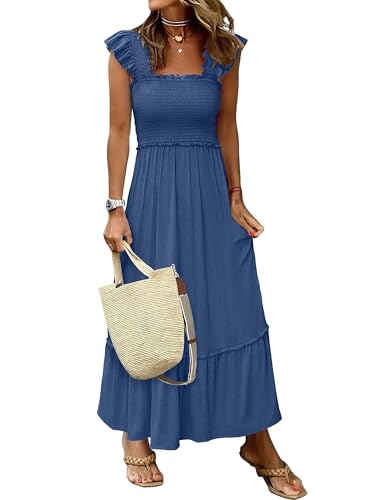 ANRABESS Womens Summer Sleeveless Maxi Dress Square Neck Smocked Boho Casual Ruffle Strap Flowy A-Line Long Beach Sundress Blue Large