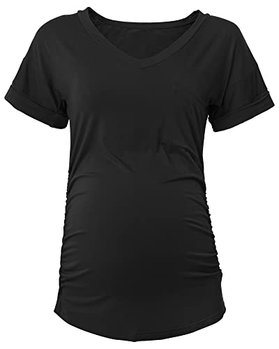 Rnxrbb Women Maternity Shirts Summer Tops Pregnancy Clothes Short Sleeve V Neck 3 Pack Tshirt,Stripe Black Blue M #TOP4