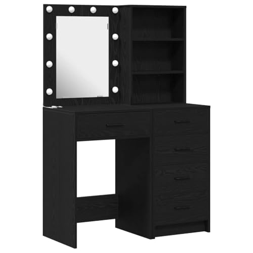zylophax Tocador 2 piezas negro de madera 50 x 41 x 135 cm con iluminación LED, cajones, estantería para dormitorio y habitación juvenil, mesa de maquillaje con almacenamiento de cosméticos y área de