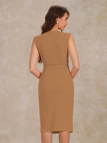 Image of Allegra K Sheath Dress for Women's Wrap V Neck Business Office Belt Sleeveless Pencil Dress