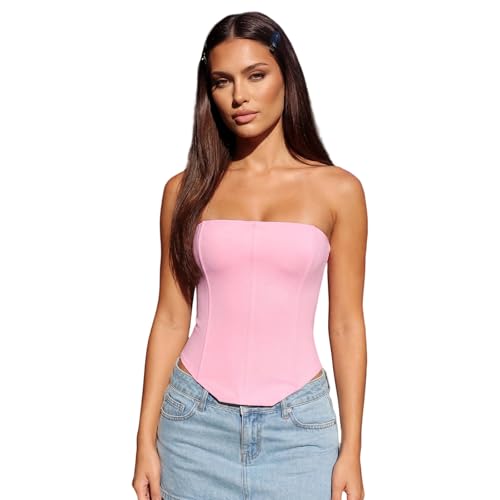 Image of Edhomenn Women's Solid Color Corset Tops Zipper Back Boned Bustier (11 Pink, S)
