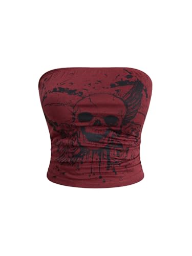 Floerns Women's Goth Skull Print Strapless Tube Y2k Sleeveless Bandeau Top Burgundy Medium