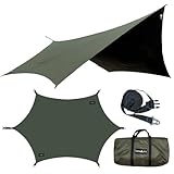 LUHANA タープ ヘキサタープ 難燃性ポリエステル 耐水圧8000mm ブラックコーティング 遮光 大型 5m延長ベルト付き 軽量 (アーミーグリーン（難燃性ブラックコーティング）, 420×410cm)